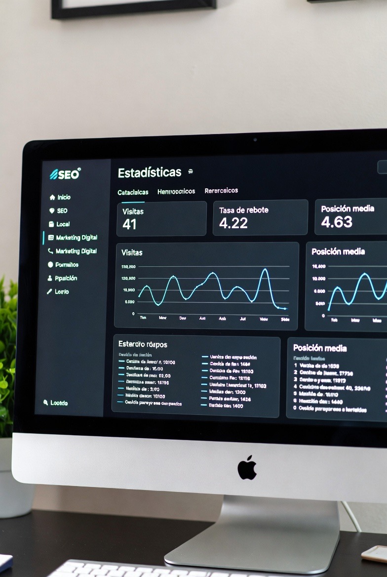 Dashboard SEO con gráficas de rendimiento y palabras clave para Google Business Profile 2026