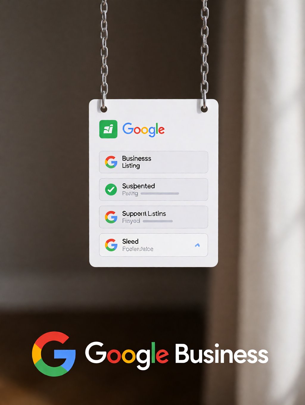 ficha de Google Business suspendida de un cerrajero sin local colgando de cadenas metálicas